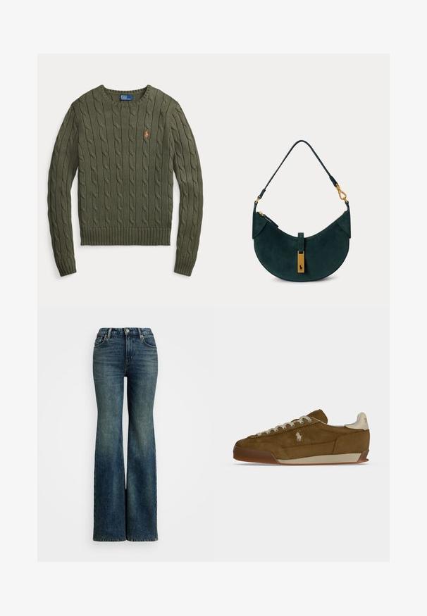 Jersey de cuello redondo de punto trenzado en verde oliva, con mangas largas y pequeño logo bordado en naranja en el pecho izquierdo.; Jeans de mezclilla azul acampanados con una cintura alta, que cuentan con cinco bolsillos y detalles en costura. La tela tiene una textura clásica deslavada.; Zapatilla de ante marrón con cordones crema, suela gruesa y un pequeño logo blanco bordado en el lateral.; Bolso de hombro de ante verde oscuro con forma curva, herrajes en tono dorado y una correa corta con detalles de cierre.