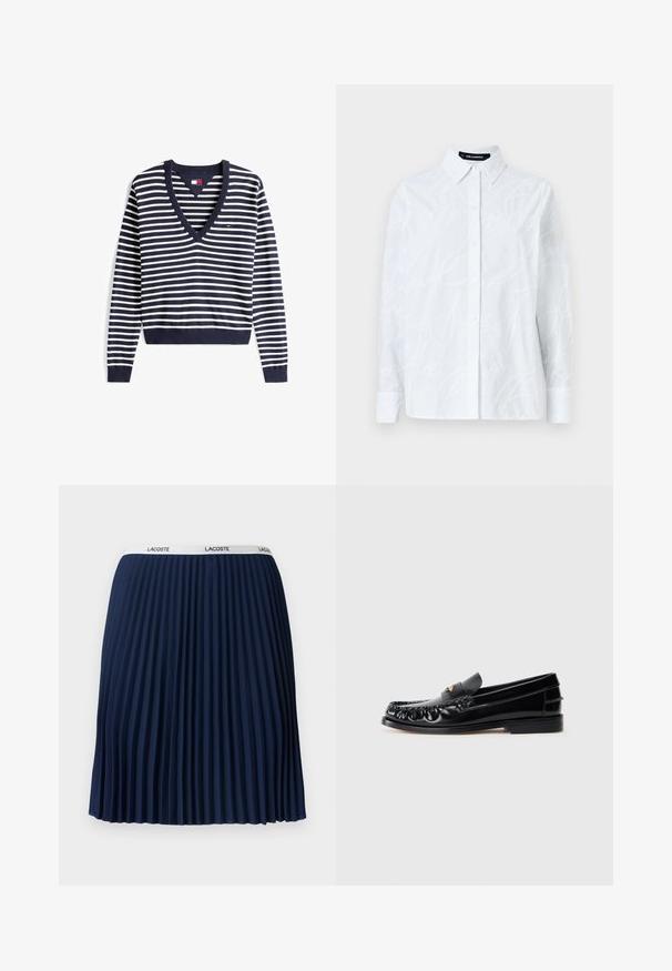 Navy en witte gestreepte v-hals trui, gemaakt van zacht materiaal, met lange mouwen en geribde boorden en zoom. Klein logo op de borst.; Witte button-up shirt met een textuurpatroon van schrift, klassieke kraag, lange mouwen en een rechte zoom. Gemaakt van lichtgewicht stof.; Marineblauwe geplooide rok met een gestructureerd ontwerp, elastische tailleband met "LACOSTE" merknaam en een gladde stof.; Zwarte leren instappers met een ronde neus, decoratieve stiksels en een kleine gouden accent op de wreef. Platte rubberen zool, strak design.