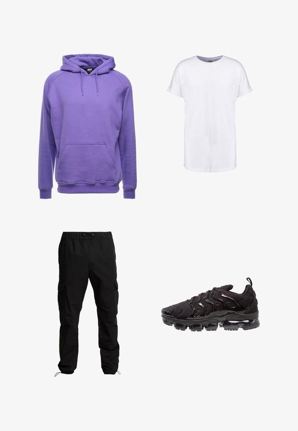 Paarse pullover hoodie gemaakt van zachte stof, met een kangoeroe zak, een capuchon met trekkoord en ribgebreide manchetten en onderrand.; Witte katoenen t-shirt met korte mouwen, ronde halslijn en een comfortabele pasvorm. Glad textuur en geen zichtbare patronen of ontwerpen.; Zwarte cargobroek van duurzaam materiaal, met een elastische tailleband, verstelbare trekkoorden en zijzakken met kleppen.; Zwarte sportieve schoenen met een gestructureerde stoffen bovenkant, glanzende accenten en een opvallende luchtkussenzool. Bevat duidelijke golfachtige designelementen.