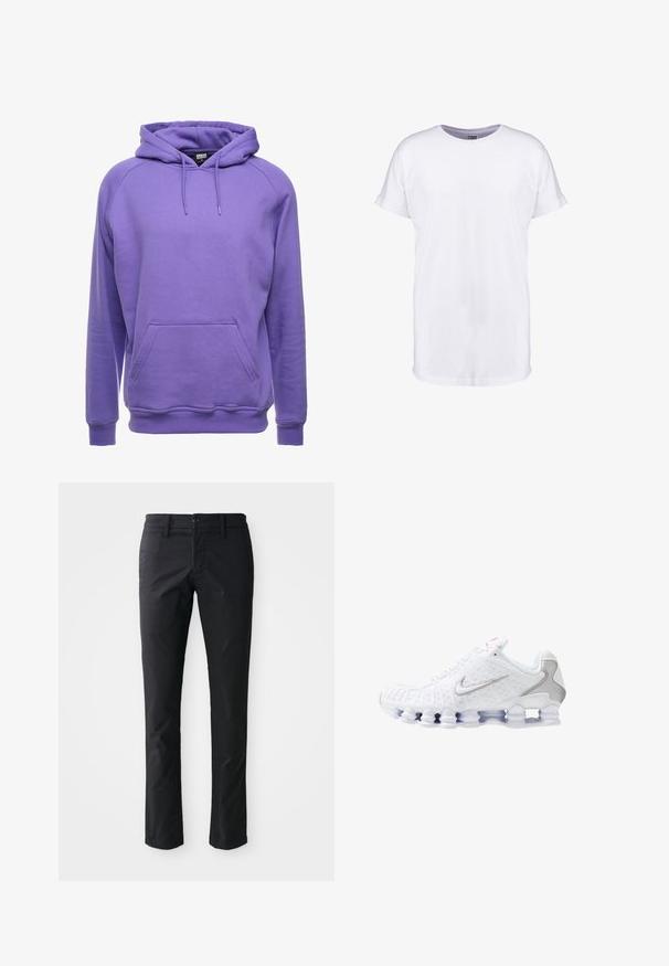 Lilla pullover hoodie lavet af blødt materiale, med en kængurulomme, snorhætte og ribbede manchetter og kant.; Hvid bomulds t-shirt med korte ærmer, rund halsudskæring og en afslappet pasform. Glat tekstur og ingen synlige mønstre eller designs.; Sorte lige ben bukser lavet af glat stof med en enkelt knaplukning og bæltestropper. Minimalistisk design uden synlige mønstre.; Hvide sportssko med en tekstureret overdel, en sølvfarvet swoosh-logo, meshpaneler og en karakteristisk opdelt hvid sål.