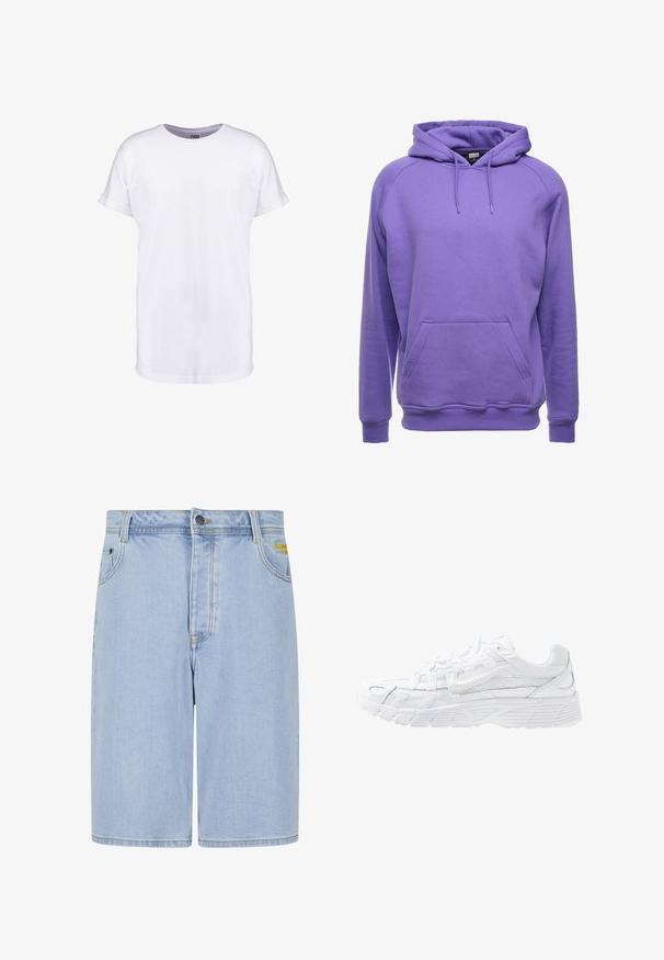 Paarse pullover hoodie gemaakt van zachte stof, met een kangoeroe zak, een capuchon met trekkoord en ribgebreide manchetten en onderrand.; Witte katoenen t-shirt met korte mouwen, ronde halslijn en een comfortabele pasvorm. Glad textuur en geen zichtbare patronen of ontwerpen.; Lichtblauwe denim short met zij- en achterzakken, riemlussen, een knoop en rits aan de voorkant en een kleine gele borduursel op de rechterzak.; Nike Sportswear P 6000 - Sneakers laag - white/platinum tint