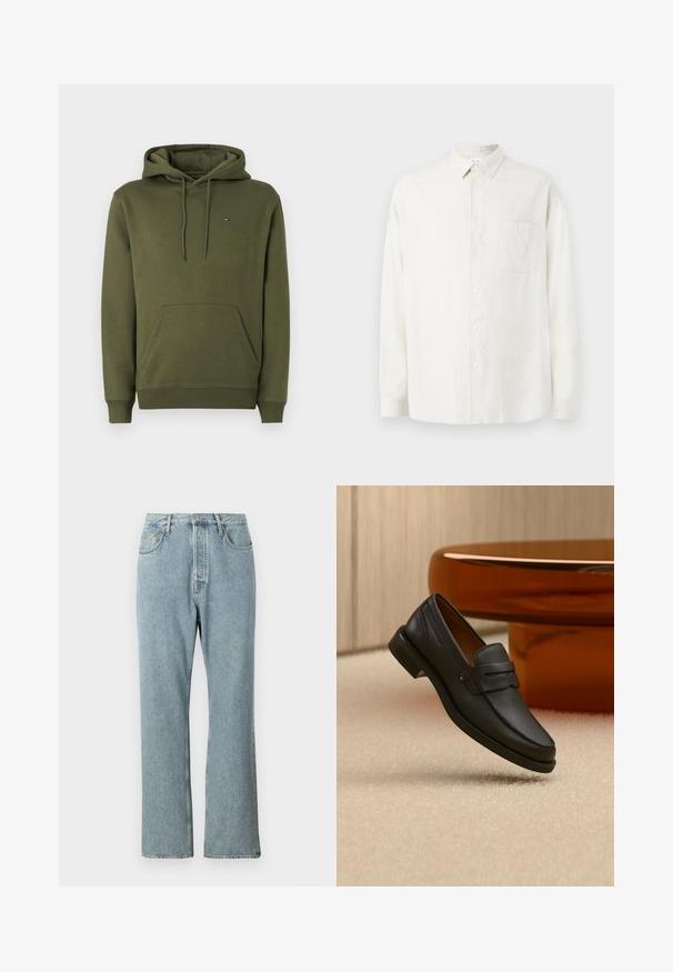 Hoodie vert olive en mélange de coton doux, avec une poche kangourou à l'avant, une capuche avec cordon de serrage et un petit logo sur la poitrine.; Chemise blanche à manches longues avec col, poche poitrine unique et un motif texturé subtil sur le tissu.; Jeans en denim bleu clair à taille haute, avec des jambes droites larges et des coutures simples. Comprend cinq poches et une fermeture à bouton classique.; Mocassin homme en cuir noir avec une bande sur le dessus, présenté sur un tapis beige près d'une table ronde moderne marron.