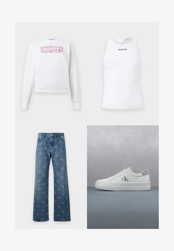 Witte sweatshirt met lange mouwen, met een roze rechthoekige bloemenprint en de tekst "KARL LAGERFELD JEANS" over de borst.; Witte mouwloze Calvin Klein sporttop met hoge halslijn en subtiel gestructureerde stof.; Lichtblauwe denim Jeans met een brede pijpenontwerp, met een herhaald 'lala' logo patroon in het wit en een klassieke vijf-pocket stijl.; Witte leren sneakers met een platte zool, voorzien van een subtiele grijze hielaccent en een prominent 'CK' logo aan de zijkant.