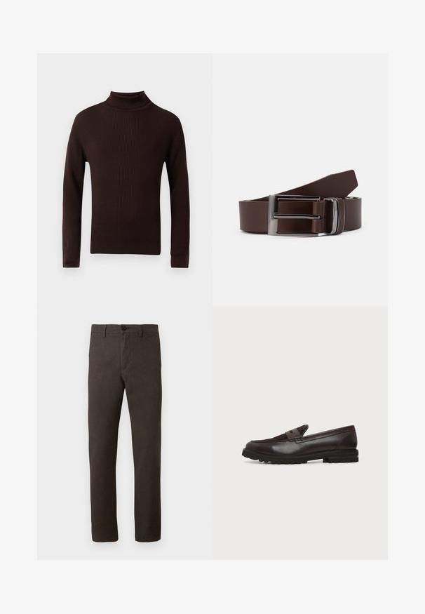 Brun ribbet rullekravesweater lavet af strikket stof, med lange ærmer og en tætsiddende design med en blød tekstur. Uden mønstre eller detaljer.; Brune bukser lavet af et tekstureret stof, med et lige ben-design, en enkelt knaplukning og et minimalistisk stil.; Mørkebrun læder- og ruskindspenny loafer med kraftig sort gummisål, sideprofil på hvid baggrund.; Brun læderbælte med en sølvmetalspænde, der har en glat overflade og et slankt, rektangulært design. Enkel og funktionel.