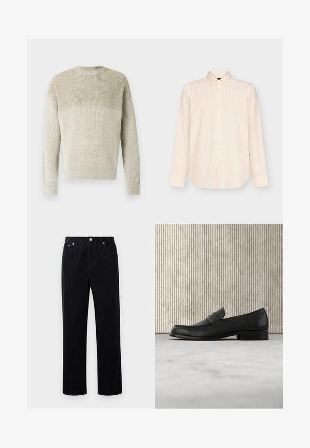 Pull en maille beige clair avec col rond, présentant un motif texturé, des poignets et un ourlet côtelés, ainsi qu'un effet dégradé subtil.; Chemise beige à manches longues boutonnée avec des rayures verticales subtiles et un col classique, présentée sur un fond clair uni.; Pantalons en velours côtelé noir avec une coupe droite, dotés d'une fermeture à bouton et fermeture éclair, de cinq poches et d'un tissu doux et texturé.; Mocassin en cuir noir flottant au-dessus d'un tapis beige avec une table ronde brune brillante en arrière-plan.