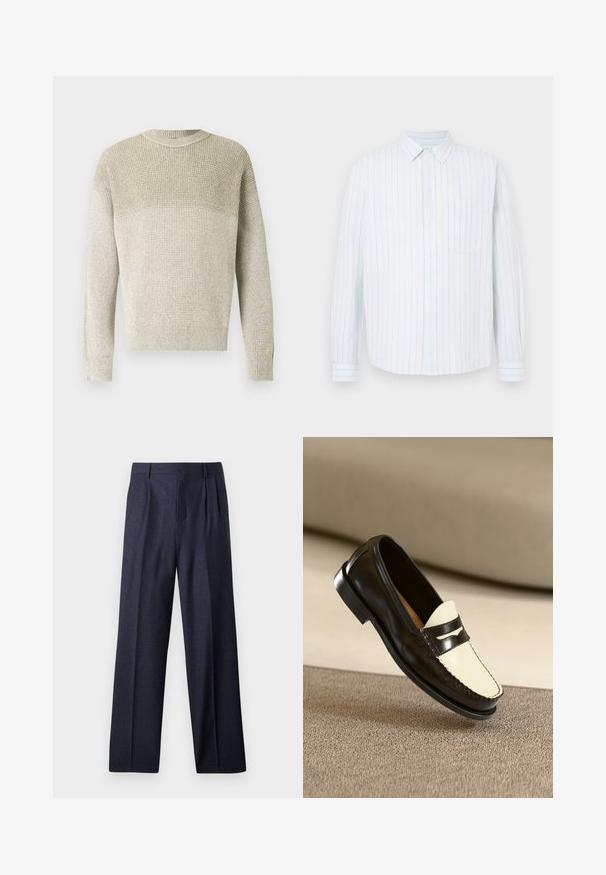 Suéter de punto color beige claro con cuello redondo, que presenta un patrón texturizado, puños y dobladillo acanalados, y un sutil efecto degradado.; Camisa de manga larga con botones, con rayas verticales en azul claro y beige, un bolsillo en el pecho y un cuello clásico.; Pantalones de lana azul marino con un corte ajustado, que presentan un frente plisado y piernas anchas. Textura suave y líneas limpias, adecuados para ocasiones formales.; Mocasines de cuero negro con un vampiro color crema y rayas de acento negras, presentando un tacón bajo y costuras detalladas a lo largo de los bordes.