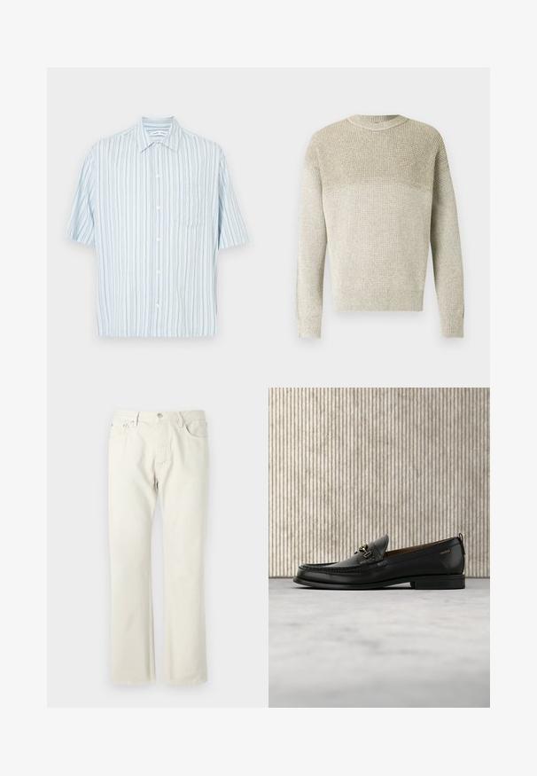 Pull en maille beige clair avec col rond, présentant un motif texturé, des poignets et un ourlet côtelés, ainsi qu'un effet dégradé subtil.; Chemise à manches courtes à boutons, bleu clair avec des rayures verticales et une poche poitrine. Confectionnée en tissu léger. Col de coupe standard.; Jean droit en denim léger beige, fabriqué en coton. Comprend des poches, une fermeture à bouton classique, et une texture subtile sans motifs.; Mocassin en cuir noir avec mors en métal doré et logo "HUGO", présenté sur un tapis beige et un meuble translucide marron.