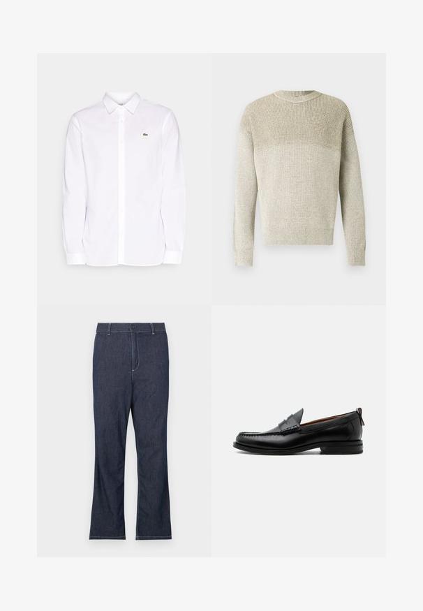 Suéter de punto color beige claro con cuello redondo, que presenta un patrón texturizado, puños y dobladillo acanalados, y un sutil efecto degradado.; Camisa blanca de manga larga hecha de algodón, que presenta un collar tipo button-down, un logo bordado verde en el lado izquierdo del pecho y puños rectos.; Vaqueros de mezclilla azul oscuro con diseño de pierna recta, que cuentan con cierre de botones y costuras blancas contrastantes en los bolsillos y las costuras.; Mocasín de hombre de piel negra con costura moc toe, tira penny, cuello texturizado y tacón bajo apilado sobre fondo blanco.