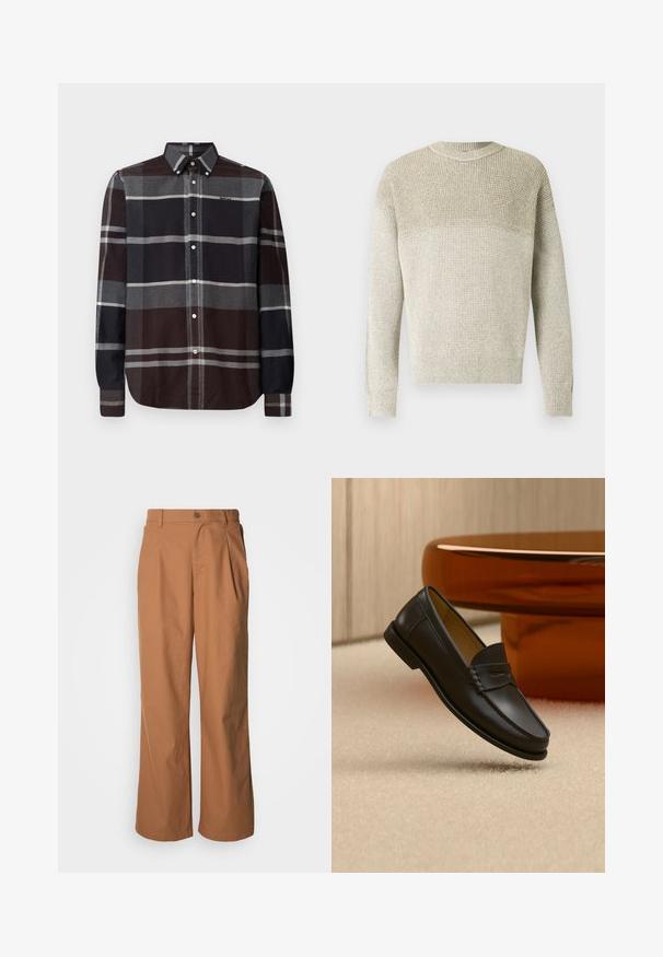 Helebeež kudumusega kampsun ümmarguse kaelusega, millel on tekstuuriga muster, soonilised varrukaotsad ja alumine serv ning õrn gradientne efekt.; Barbour ICELOCH TAILORED TARTAN - Pluus - midnight oak; Laiade püksid sooja pruuni kangaga, esikinnis nööpidega, peente voltidega ja sirge lõikega mugavaks kandmiseks.; Mustast nahast loafer-tüüpi king ripub beežikal vaibal, taustal on merevaigu värvi moodne mööbel.
