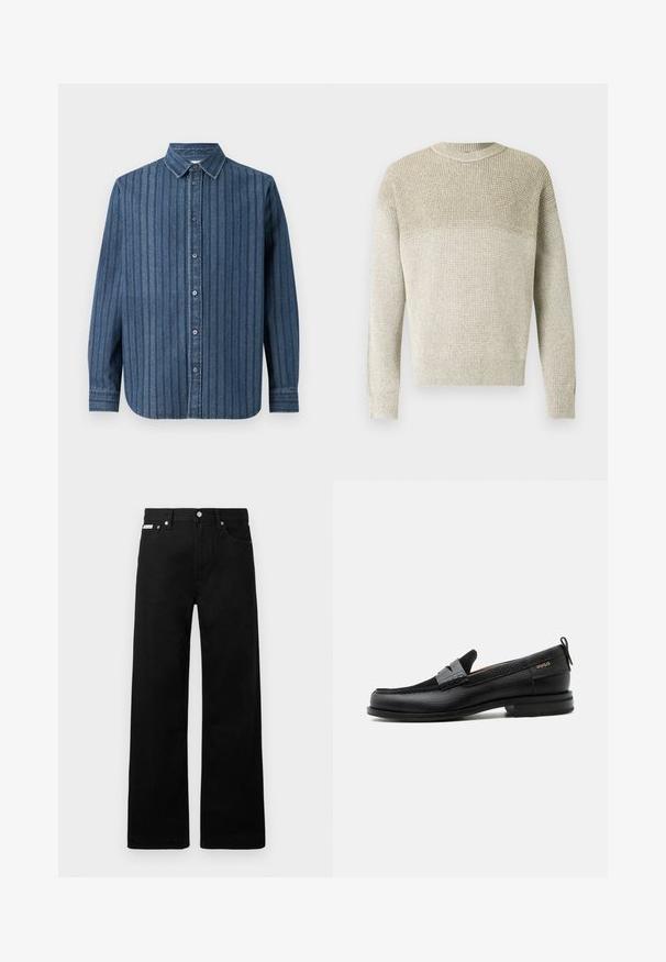 Pull en maille beige clair avec col rond, présentant un motif texturé, des poignets et un ourlet côtelés, ainsi qu'un effet dégradé subtil.; Samsøe Samsøe SADAMON SHIRT - Chemise - denim; Pantalon en denim noir avec une coupe large, doté de cinq poches et de boutonnières métalliques. Texture lisse, sans motifs visibles.; Mocassin en cuir noir avec détail de bride grise, talon bas et semelle texturée, marqué "HUGO" en or sur le côté.