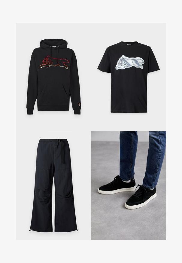 Sudadera negra con capucha que presenta un diseño colorido de piedras brillantes en forma de un animal corriendo. Incluye un bolsillo delantero y puños acanalados.; Camiseta negra de manga corta con un gráfico metálico plateado brillante de un animal corriendo en el pecho.; Pantalones negros de pierna ancha hechos de tela ligera. Cuentan con un cinturón, dos grandes bolsillos laterales y dobladillos ajustables con cierres de cordón.; Zapatillas de ante negras con suela de goma blanca, que presentan un diseño clásico de corte bajo, puntera redondeada y cordones planos negros.