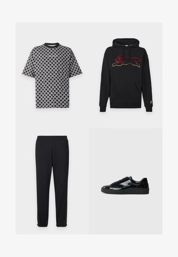 Sweat à capuche noir avec un motif coloré en strass représentant un animal en course. Comprend une poche avant et des poignets côtelés.; Chemise à manches courtes à carreaux noirs et blancs avec des motifs répétés du symbole de paix circulaire et un col noir.; Pantalon de sport noir avec une ceinture élastique, des poignets fuselés et trois bandes verticales le long des côtés. Fabriqué en tissu léger.; Baskets en cuir verni noir avec un bout arrondi, un laçage, une semelle en caoutchouc texturé et une finition lisse.