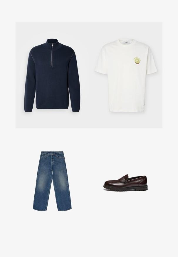 Mørkeblå strikket trøje med halv lynlås og høj krave. Har lange ærmer og en glat tekstur med minimalt med detaljer og uden mønster.; Hvid T-shirt med korte ærmer og rund hals, med lille kiwi-frugt grafik og teksten "Marc O’Polo Denim" på venstre bryst.; Bredde ben denim jeans i medium blå. Fremstillet af bomuld, med falmede sektioner, fem-lomme design og lynlås med knaplukning.; Brune læder loafers med en ruskindsdetalje, rund tå og tekstureret gummisål. Har syet detaljering og en let hæl.