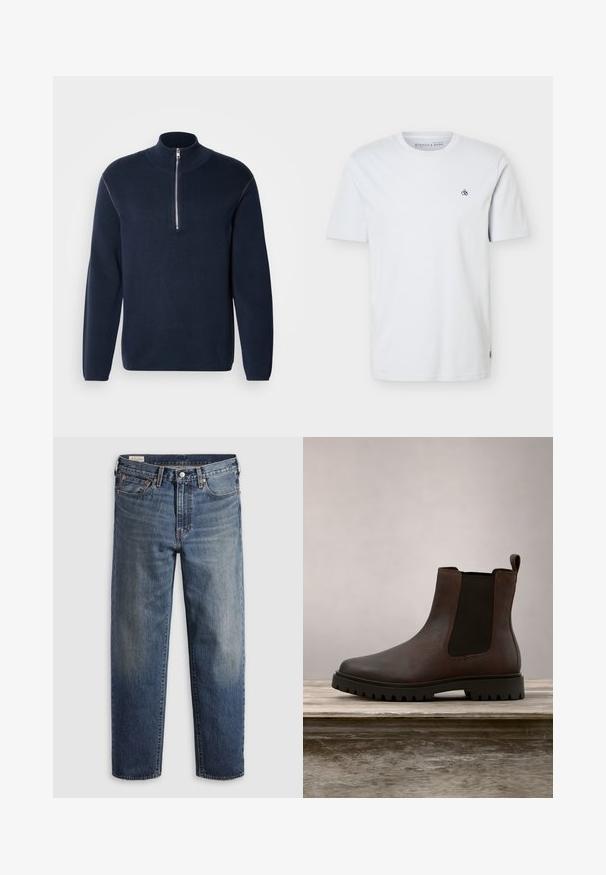 Marineblauwe gebreide trui met halve rits en hoge kraag. Heeft lange mouwen en een gladde textuur, met minimale accenten en zonder patronen.; Witte korte mouwen T-shirt met ronde hals en een klein zwart "S&" logo op de linkerborst en een subtiel merkembleem linksonder.; Donkerblauwe spijkerbroek van denim met een losse pasvorm, rechte pijpen, vijf steekzakken en subtiele vervaging op de dijen. Zilveren knoop en klinknagels.; Bruine leren enkellaars met elastische zijpanelen, gestructureerd oppervlak, een ronde neus en een profielzool, tegen een vervaagde groene grasachtergrond.