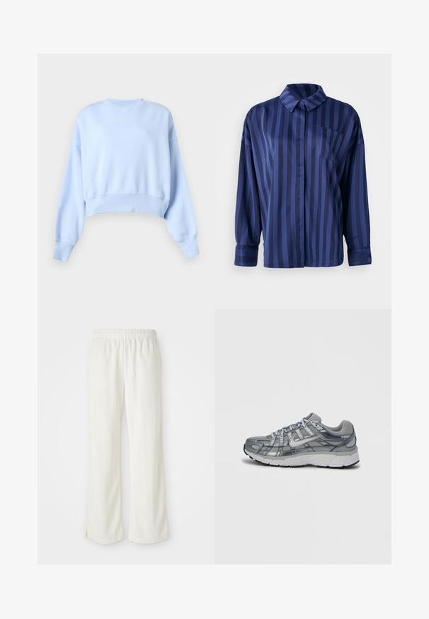 Lyseblå cropped sweatshirt med lange ærmer, ribstrikkede manchetter og kant samt lille hvid Nike-logo på brystet mod en ensfarvet baggrund.; Mørkeblå stribet skjorte med krave, brystlomme og lange ærmer. Lavet af et glat, skinnende stof med en løs pasform.; Cremefarvede bukser med bred ben-design, lavet af letvægtsmateriale, med lodrette striber og en elastisk talje.; Grå atletiksko med mesh-overdel, metaliske detaljer og hvid sål. Har snøresystem og teksturerede detaljer for bedre greb.