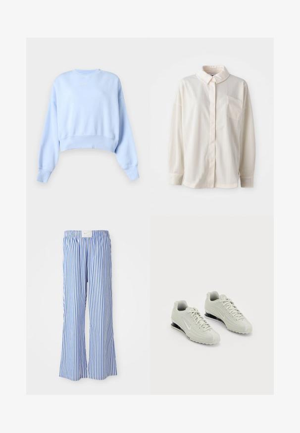 Hellblaue cropped Sweatshirt mit langen Ärmeln, gerippten Bündchen und Saum sowie kleinem weißem Nike-Logo auf der Brust vor einfarbigem Hintergrund.; Weißes Hemd mit Kragen, Knopfleiste und vertikalen Streifen, langen Ärmeln, einer einzigen Brusttasche, aus glattem Stoff mit weicher Textur.; Blaue und weiße gestreifte Hose mit lockerer Passform, aus leichtem Stoff, mit elastischem Bund und einem dezenten Logo-Tag.; Weiße Nike-Sneaker mit einer strukturierten Oberseite, ausgestattet mit einer glatten Zehenkappe und schwarzen Polsterakzenten. Schnürstil mit verstärktem Absatz.