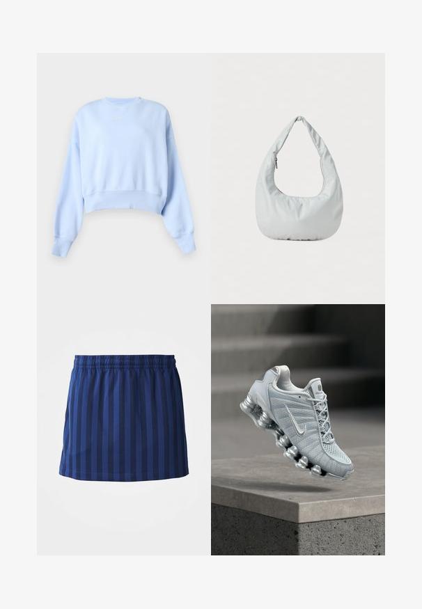 Vaaleansininen lyhyt collegepaita, jossa pitkät hihat, resorireunukset hihoissa ja helmassa sekä pieni valkoinen Nike-logo rinnassa yksivärisellä taustalla.; Tummansininen hame, jossa on pystysuorat raidat, elastinen vyötärö, hartialle saakka ulottuva pituus, valmistettu kevyestä kankaasta, sileä rakenne.; Vaaleanharmaa Nike-juoksukenkä, jossa on pehmustettu, jousimainen pohja, leijuu betonisen syrjän yllä, taustalla sumea portaat.; Pehmeä, vaaleanharmaa hobo-laukku, joka on valmistettu synteettisestä materiaalista. Laukussa on yksi pehmustettu kahva ja sivussa vetoketjullinen osasto.
