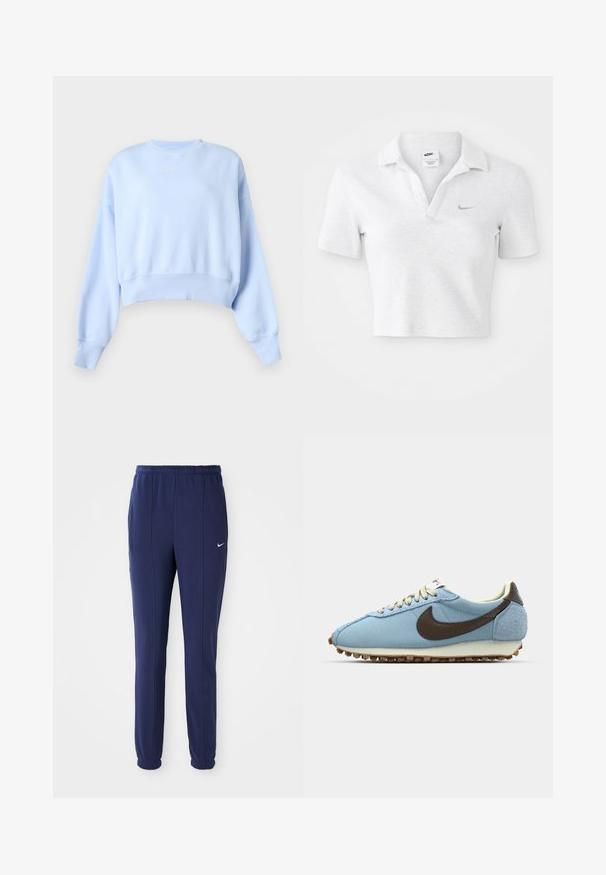 Sudadera corta azul claro con mangas largas, puños y dobladillo acanalados, y pequeño logo blanco de Nike en el pecho sobre un fondo liso.; Camiseta polo recortada en gris claro con una textura suave, que presenta un cuello clásico y un pequeño logo de Nike en gris oscuro en el pecho.; Pantalones deportivos azul marino con cintura elástica, piernas ajustadas y logo de Nike blanco en el lado izquierdo. Hechos de una tela suave.; Zapatilla deportiva azul hecha de malla y ante. Presenta un logotipo de Nike en color marrón, cordones beige y una suela de goma texturizada para mayor agarre.