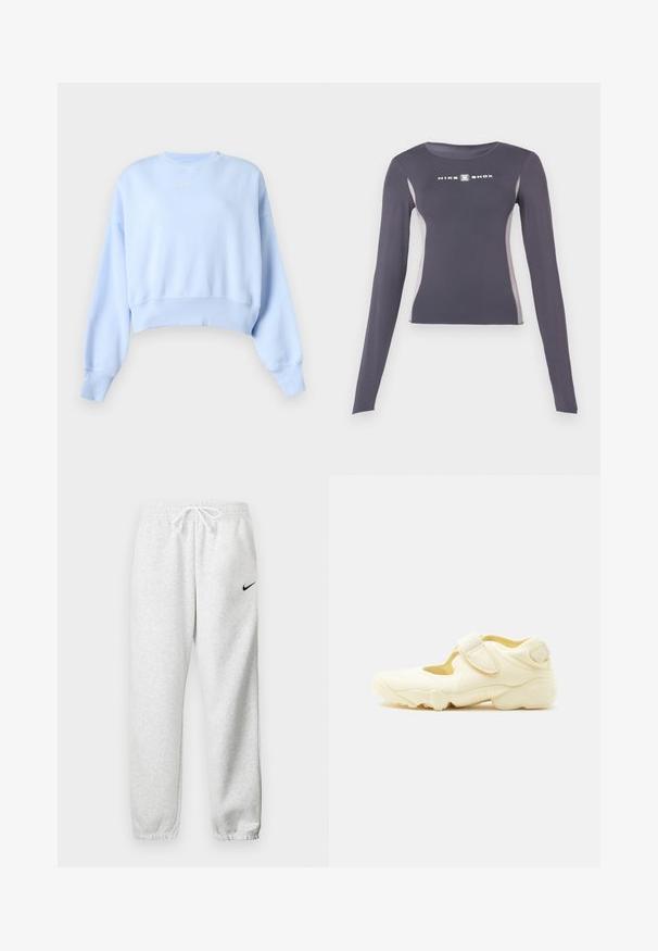 Sweat-shirt court bleu clair à manches longues, bords côtes aux poignets et à l'ourlet, avec petit logo blanc Nike sur la poitrine sur fond uni.; Haut de sport ajusté à manches longues gris foncé avec des panneaux latéraux gris clair et un logo "Nike Shox" blanc sur la poitrine.; Pantalons de survêtement gris en tissu doux, dotés d'une taille élastique avec cordon de serrage et d'un petit logo Nike noir sur la cuisse gauche.; Chaussure de sport beige avec semelle épaisse, design ajouré et deux brides réglables à velcro sur fond blanc.
