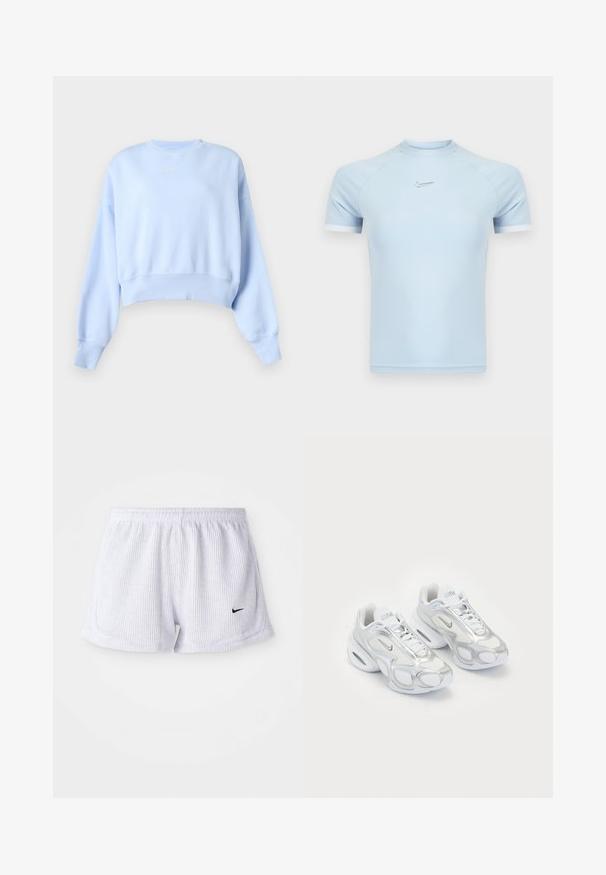 Lichtblauwe cropped sweat met lange mouwen, geribde boorden en zoom, en klein wit Nike-logo op de borst tegen een effen achtergrond.; Lichtblauw atletisch shirt met korte mouwen, gemaakt van soepel materiaal. Heeft een ronde halslijn en een subtiel Nike-logo op de borst, met witte accenten.; Witte, geribbelde sportshorts met een elastische tailleband en een klein zwart Nike-logo aan de linksonderzijde. Eenvoudig, minimalistisch ontwerp.; Witte sportieve schoenen met een bovenwerk van mesh en zilveren accenten, in een unieke vorm en met luchtkussen in de hiel. Gespannen ontwerp met logo.