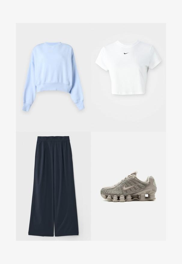 Svetlomodrá krátka mikina s dlhými rukávmi, rebrovanými manžetami a lemom a malým bielym logom Nike na hrudi na jednofarebnom pozadí.; Biely skrátený tričko vyrobené z bavlny, s krátkymi rukávmi a okrúhlym výstrihom, s čiernym logom Nike na hrudi.; Tmavomodré nohavice s širokými nohavicami vyrobené z mäkkej tkaniny; obsahujú elastický pás a dve bočné vrecká pre pohodlie.; Svetlobéžová teniska Nike Shox s viditeľnou stĺpovitou tlmiacou podrážkou a vrchnými sieťovinovými detailmi.