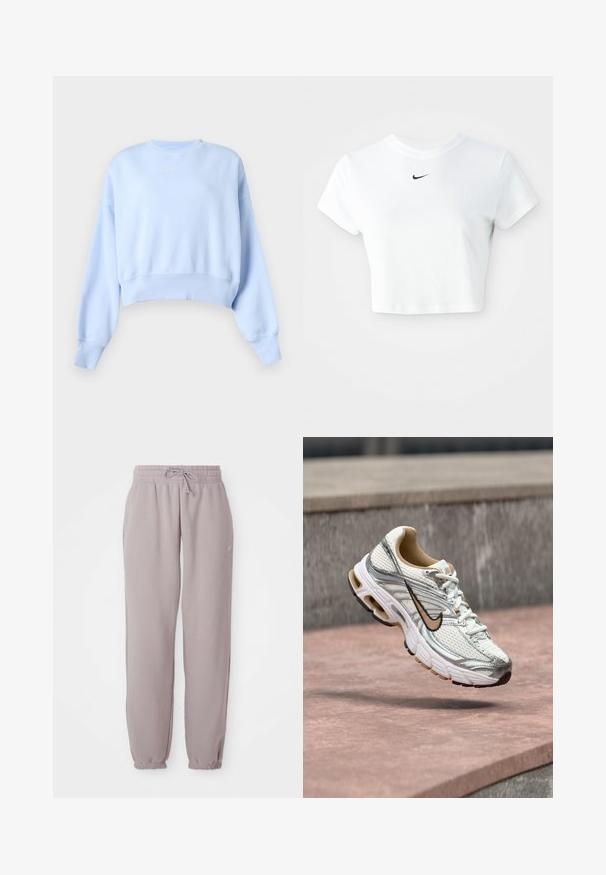 Lichtblauwe cropped sweat met lange mouwen, geribde boorden en zoom, en klein wit Nike-logo op de borst tegen een effen achtergrond.; Witte cropped T-shirt van katoen, met korte mouwen en een ronde halslijn, voorzien van een zwart Nike-logo op de borst.; Licht paarse fleece joggingbroek met elastische tailleband, trekkoord, zijzakken en elastische boorden, plat weergegeven tegen een witte achtergrond.; Witte en zilveren Nike hardloopschoen met een beige swoosh-logo, getoond zwevend boven een stenen oppervlak met een onscherpe grijze muur op de achtergrond.