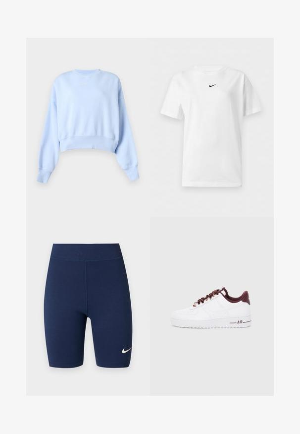 Lichtblauwe cropped sweat met lange mouwen, geribde boorden en zoom, en klein wit Nike-logo op de borst tegen een effen achtergrond.; Wit T-shirt met korte mouwen en een ronde hals, met een klein zwart Nike Swoosh-logo centraal vlakbij de kraag.; Marineblauwe atletische biker shorts met hoge taille en Nike-logo op linker dij tegen een witte achtergrond.; Witte leren sneakers met donkerrode accenten, voorzien van ronde veters, een gevoerde kraag en een gestructureerde rubberen zool. "AIR" gedrukt op de zijkant.