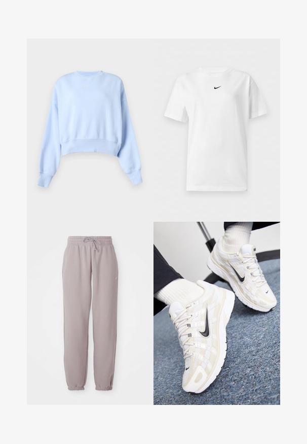 Lyseblå cropped sweatshirt med lange ærmer, ribstrikkede manchetter og kant samt lille hvid Nike-logo på brystet mod en ensfarvet baggrund.; Hvid t-shirt med korte ærmer og rund halsudskæring med et lille sort Nike Swoosh-logo centreret nær kraven.; Lys mauve fleece sweatpants med elastisk talje, snor, sidelommer og elastiske manchetter, vist fladt mod en hvid baggrund.; Hvide og beige Nike sneakers med en mesh-overdel, tekstureret overflade, sort swoosh og en polstret sål med en skridsikker ydersål.