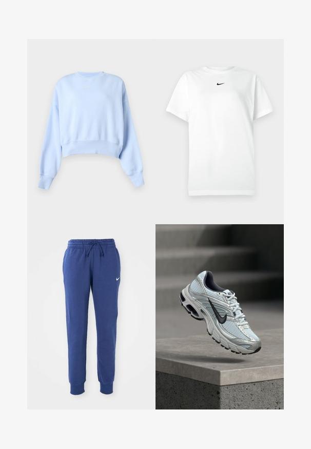 Sweat-shirt court bleu clair à manches longues, bords côtes aux poignets et à l'ourlet, avec petit logo blanc Nike sur la poitrine sur fond uni.; T-shirt blanc à manches courtes avec col ras du cou, portant un petit logo Nike en forme de swoosh noir centré sous le col.; Pantalons de survêtement Nike bleus avec taille élastique, cordon de serrage, chevilles côtelées et logo swoosh Nike blanc sur la cuisse gauche.; Baskets de course Nike blanches et grises avec logo noir flottant au-dessus d'un rebord en béton sur fond gris flou.