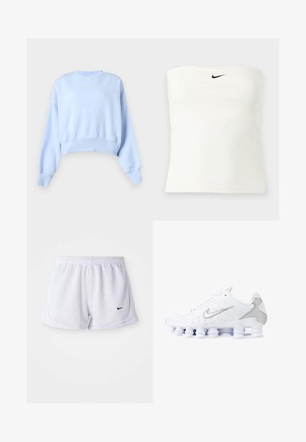 Sweat-shirt court bleu clair à manches longues, bords côtes aux poignets et à l'ourlet, avec petit logo blanc Nike sur la poitrine sur fond uni.; Haut bandeau blanc sans bretelles Nike avec logo swoosh noir centré près du bord supérieur, présenté sur un fond clair uni.; Shorts de sport blancs à côtes avec une taille élastique et un petit logo Nike noir en bas à gauche. Design simple et minimaliste.; Baskets de sport blanches avec tige en mesh, accents argentés et un design de semelle en spirale unique. Comprend un collier rembourré et un système de laçage pour un ajustement parfait.