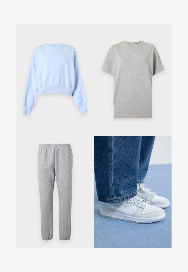 Hellblaue cropped Sweatshirt mit langen Ärmeln, gerippten Bündchen und Saum sowie kleinem weißem Nike-Logo auf der Brust vor einfarbigem Hintergrund.; Graues kurzärmeliges Baumwoll-T-Shirt mit Rundhalsausschnitt und kleinem weißen Nike-Swoosh-Logo mittig auf der Brust.; Hellgraue Nike-Sweathose mit elastischem Bund und Bündchen, kleines weißes Nike-Swoosh-Logo am oberen linken Oberschenkel.; Nike Sneaker aus weißem und hellgrauem Leder mit perforierter Zehenpartie, flachen Schnürsenkeln und Gummisohle, kombiniert mit blauen Jeans.