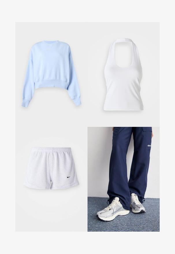 Lyseblå cropped sweatshirt med lange ærmer, ribstrikkede manchetter og kant samt lille hvid Nike-logo på brystet mod en ensfarvet baggrund.; Hvid halterneck top med scoop-udskæring, lavet af glat, strækbart stof. Har et minimalistisk design uden dekorative elementer eller mønstre.; Hvide ribbede sports-shorts med elastisk talje og lille sort Nike-logo på nederste venstre side. Enkel, minimalistisk design.; Nike sportssko med en sølvfarvet mesh-overdel, hvide detaljer og strukturerede såler, parret med løstsiddende navy bukser.