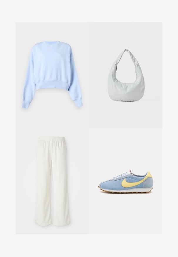 Sudadera corta azul claro con mangas largas, puños y dobladillo acanalados, y pequeño logo blanco de Nike en el pecho sobre un fondo liso.; Pantalones color crema con un diseño de pierna ancha, hechos de material ligero, que presentan rayas verticales y una cintura elástica.; Zapatilla de malla y gamuza azul con el emblema de Nike en amarillo, cordones blancos y suela marrón claro; diseño atlético clásico.; Bolso hobo suave y de color gris claro, hecho de material sintético. Cuenta con un asa acolchada y un compartimento con cremallera en el lateral.