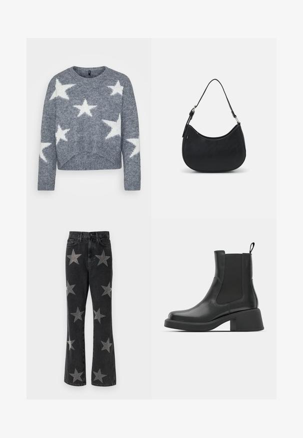 Pull en tricot gris avec un col rond, présentant des motifs d'étoiles blanches, et une coupe cropped. La texture semble douce et duveteuse.; Jean flare en denim noir avec des embellissements en forme d'étoile argentée de tailles variées. Design taille haute avec poches et fermeture à bouton.; Bottines en cuir noir avec des panneaux élastiques sur les côtés, un bout rond et un talon épais. Texture lisse avec un design minimaliste.; Sac hobo noir en cuir lisse avec une silhouette arrondie, doté d'une seule sangle ajustable et de détails de design minimalistes.