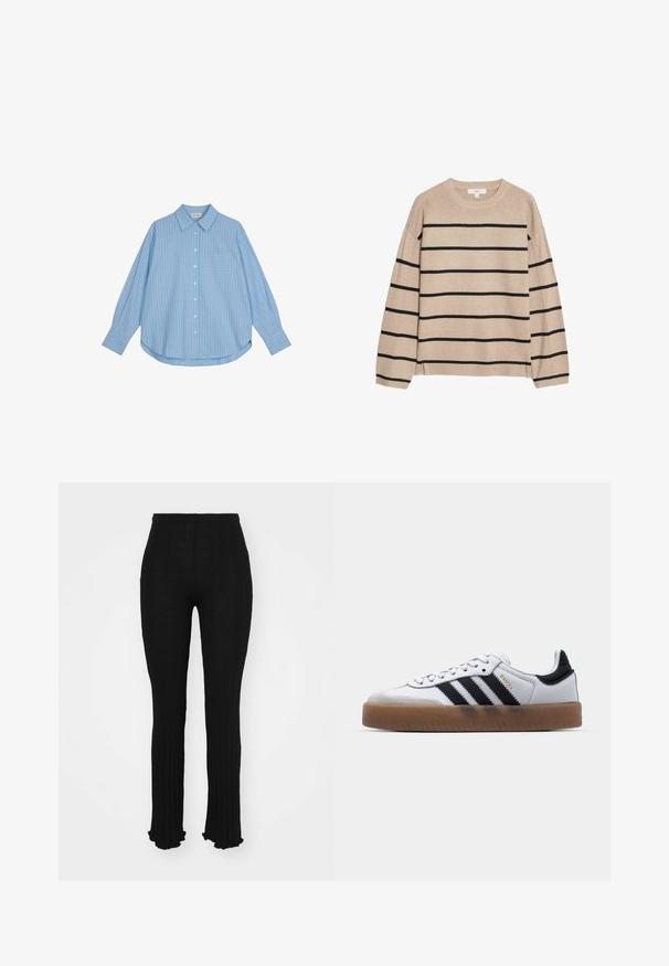 Beige sweater med horisontale sorte striber, en rund hals og sænkede skuldre. Lavet af blødt stof med ribbede ærmer og kant.; Lyseblå skjorte med lange ærmer, hvide lodrette striber, løs pasform og en brystlomme. Stoffet ser glat og blødt ud.; Sorte ribbede bukser med udvidet bund, der har et tekstureret design og en elastisk talje. Glat, let stof med en tætsiddende silhuet.; Hvide lædersneakers med sorte striber, gummirubber sål, rund tå, snørelukning og blød grå ruskinds tåhætte.
