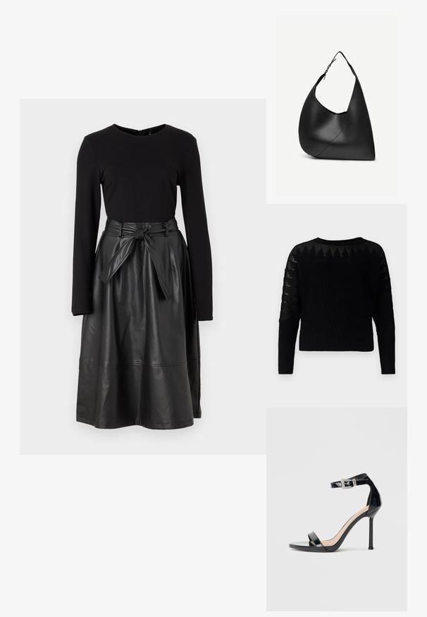 Zwarte gebreide trui met ribbelstructuur en doorschijnende patronen op de mouwen. Ronde hals en lange mouwen, met een cropped ontwerp.; Zwarte long sleeve top gecombineerd met een zwarte faux leren rok, met een gestrikt tailleband en een gladde, glanzende textuur.; Zwarte sandalen met hoge hak van lakleer en een enkelriempje. Heeft een minimalistisch ontwerp, open teen en een gesp met strass-steentjes.; Zwarte leren schoudertas met gebogen driehoekige vorm, enkele verstelbare riem en zichtbare diagonale naad aan de voorkant.