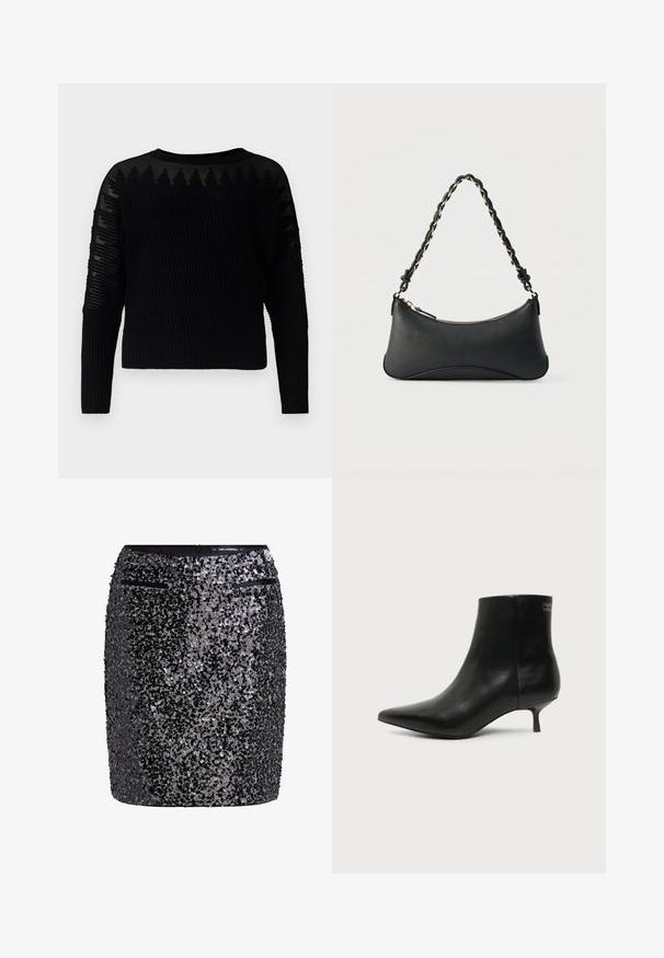 Sort strikket sweater med ribbet struktur og gennemsigtige mønstrede accenter på ærmerne. Rund halsudskæring og lange ærmer, med en cropped design.; Sort paillet-miniskørt med en tæt design, der har en struktureret overflade og to små lynlåslommer foran.; Sort læder ankelstøvle med spids tå og lav kitten hæl på lys baggrund, der viser yderside.; Sort skuldertaske i læder med en buet rektangulær form, gyldent kæde vævet ind i en flettet sort rem og toplynlås.