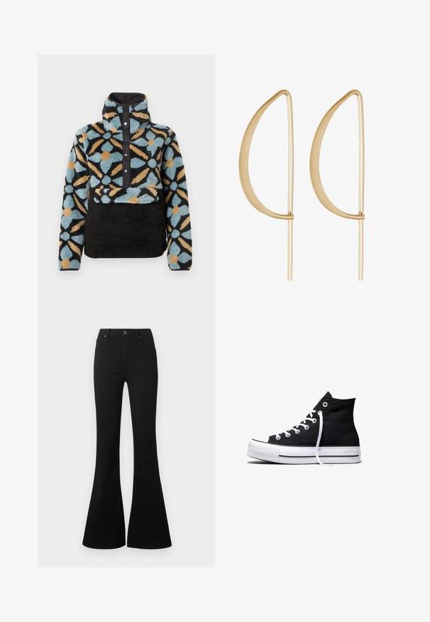 Fleece-Pullover mit hohem Kragen, ausgestattet mit einem blau-schwarz-orangen Blumenmuster, Druckknopf-Verschluss vorne und einem schwarzen strukturierten unteren Bereich.; Schwarze High-Waist-Flare-Jeans mit Frontknopf und Taschen, auf weißem Hintergrund dargestellt.; Schwarzer High-Top-Canvas-Sneaker mit weißer Gummisohle und weißen Schnürsenkeln, seitlich dargestellt vor weißem Hintergrund.; Goldene Metallohrringe mit einer geschwungenen, länglichen Blattform. Die Oberfläche ist glatt und matt und weist dünne horizontale Akzente auf.
