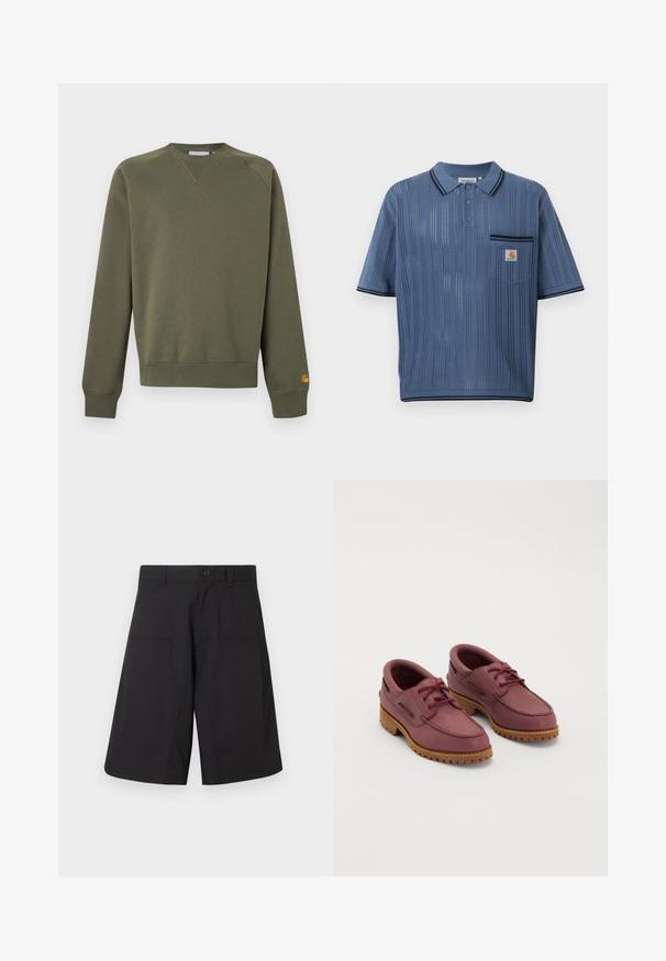 Sweat-shirt vert olive à manches longues avec col rond, poignets et ourlet côtelés, petit logo jaune sur le poignet de la manche gauche.; Polo en maille bleu avec rayures verticales ajourées, patte de boutonnage à trois boutons, poche poitrine avec logo Carhartt et bordures noires sur le col et les manches.; Shorts cargo noirs en tissu léger, dotés d'une fermeture à bouton et de deux poches avant, avec un design épuré à coupe droite.; Une paire de chaussures bateau en cuir bordeaux avec des semelles en caoutchouc tan épaisses et des lacets rouges sur un fond blanc.