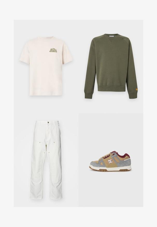 Olijfgroene lange mouwen sweater met ronde hals, geribbelde boorden en zoom, klein geel logo op de linker mouwboord.; Crème katoenen t-shirt met korte mouwen. Bevat een groen logo met de tekst "The Doors ELEMENT X TIMBER!" op de linkerborst.; Witte katoenen cargobroeken met een relaxte pasvorm. Kenmerken zijn onder andere voorzakken, gouden hardware accenten en versterkte kniezones.; DC-sneakers met een bovenwerk van tan en grijs suede en textiel, bourgondische accenten, logo aan de zijkant en een gumrubberen buitenzool.