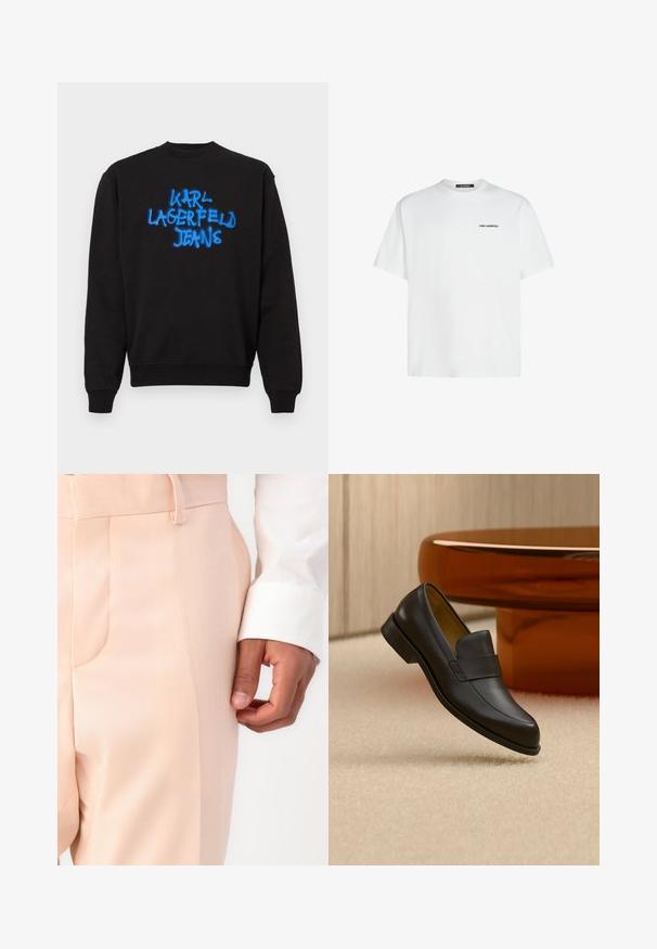 Sudadera negra de cuello redondo con mangas largas y texto en estilo graffiti azul "KARL LAGERFELD JEANS" en el centro del frente.; Camiseta de algodón blanca con cuello redondo, mangas cortas y un minimalista logo en negro "KARL LAGERFELD" en el área del pecho izquierdo.; Pantalones de corte ajustado en rosa pálido con una textura suave, que cuentan con un bolsillo lateral y un lazo para cinturón, combinados con un puño de camisa blanca.; Zapato mocasín de cuero negro con tacón bajo flotando sobre suelo alfombrado beige cerca de una mesa redonda marrón.