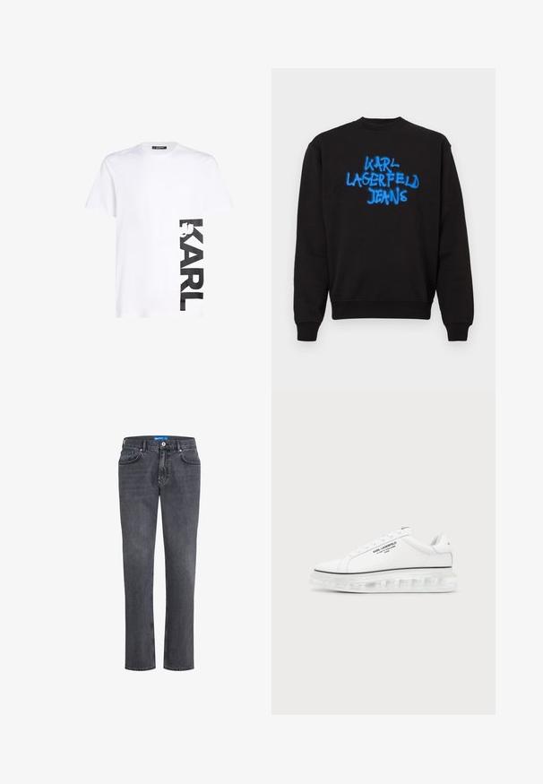 Schwarzes Pullover mit Rundhalsausschnitt, langen Ärmeln und blauen Graffiti-ähnlichen Text "KARL LAGERFELD JEANS" in der Mitte der Vorderseite.; Weißes Baumwoll-T-Shirt mit großem schwarzem "KARL"-Logo auf der linken Seite, kurzen Ärmeln und klassischem Rundhalsausschnitt.; Dunkelgraue Jeans aus Denim mit geradem Bein, fünf Taschen und einem blauen Label am Bund. Verfügt über einen klassischen Knopf- und Reißverschluss.; Weißer Karl Lagerfeld Sneaker mit schwarzem Textlogo und transparenter dicker Sohle auf schlichtem hellem Hintergrund.