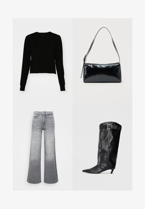 Zwarte, cropped trui met lange mouwen, geribbelde textuur en een ronde halslijn. De zoom is lichtelijk ongelijk, wat de moderne uitstraling versterkt.; Grijze denim wijde pijpen jeans met een licht naar donker verloop, voorzien van een hoge taille, vijf zakken en een klassieke knoopsluiting.; Zwart leren kniehoog laars met een spitse neus en een kleine hak. Heeft een riem aan de bovenkant met een zilveren gesp. Gladde textuur.; Zwarte rechthoekige schoudertas met een enkele verstelbare band en een bovenste ritssluiting op een effen achtergrond.