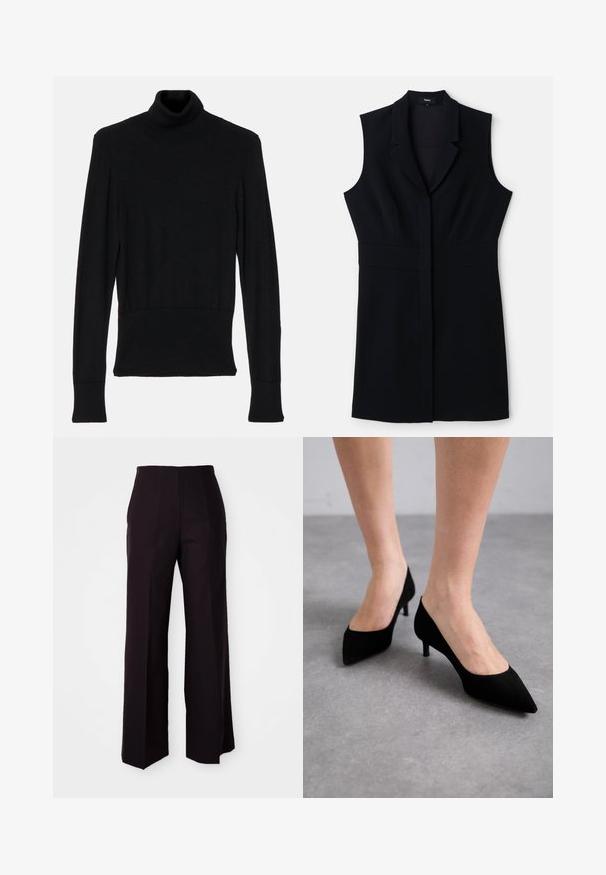 AERON TENDER LONG SLEEVED - Svetrík - black; Čierne bezrukávové sakošaty so priliehavým strihom, s klopovým golierom a jedným predným zapínaním. Hladká látka a minimalistický dizajn.; Čierne široké nohavice s vysokým pásom, s hladkou textúrou a jemnými prednými záhybmi, prispôsobené pre štruktúrovaný strih.; Čierne semišové lodičky so špicatou špičkou a štíhlym, klasickým stredne vysokým opätkom, zobrazené na bosých nohách proti šedému pozadiu.