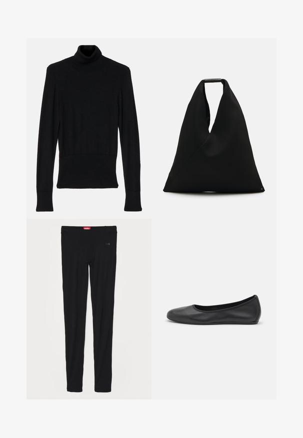 AERON TENDER LONG SLEEVED - Strickpullover - black; Schwarze Leggings aus glattem Stoff, mit einem hohen Bund und dezentem Branding auf der Vorderseite. Die Leggings haben eine schmale, figurbetonte Passform.; Schwarze Leder-Ballettschuhe mit abgerundeter Spitze, glatter Textur, minimalen Nähdetails und einem flexiblen Sohlen-Design.; Schwarze Stofftragetasche mit einem einzigartigen V-förmigen Design und glatter Textur. Verfügt über einen kurzen Griff mit minimalistischem Hardware-Detail.