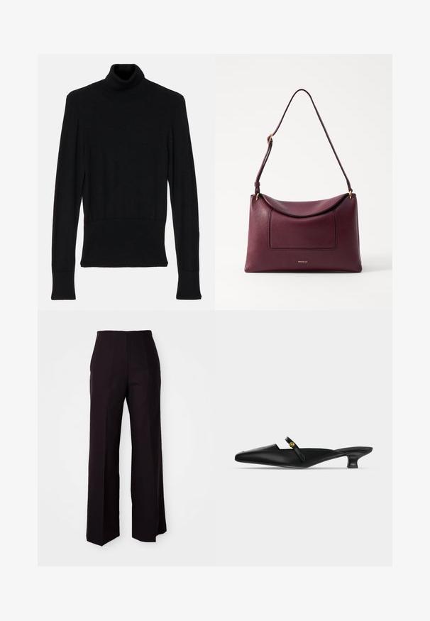 AERON TENDER LONG SLEEVED - Strickpullover - black; Schwarze weite Hose mit hoher Taille, aus einem glatten Material und dezenten Vorderfalten, maßgeschneidert für eine strukturierte Passform.; Schwarze spitze Mule mit niedrigem Kittenheel und schmalem Riemen über dem Rist mit kleinem goldfarbenem Knopfdetail.; Burgunderfarbene Leder-Schultertasche mit einer geschwungenen Klappe, einer frontalen Tasche und einem goldenen Logo. Verfügt über einen einzelnen Tragriemen für einfaches Tragen.