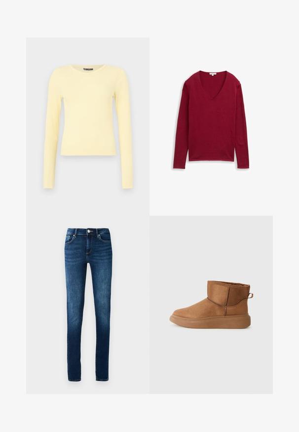 Haut tricot à manches longues rouge avec un col en V. Fait en matériau doux, il présente une texture unie sans motifs ni embellissements.; Chemise à manches longues jaune clair côtelée avec un col rond et un ourlet légèrement raccourci sur un fond uni.; Jeans en denim délavé foncé avec une coupe slim, un design à cinq poches et une fermeture à bouton. Présente un léger délavage et des coutures contrastantes.; Bottines marron à finition en daim lisse, semelle en caoutchouc plate et doublure douce. Dotées d'une languette et de coutures ton sur ton.