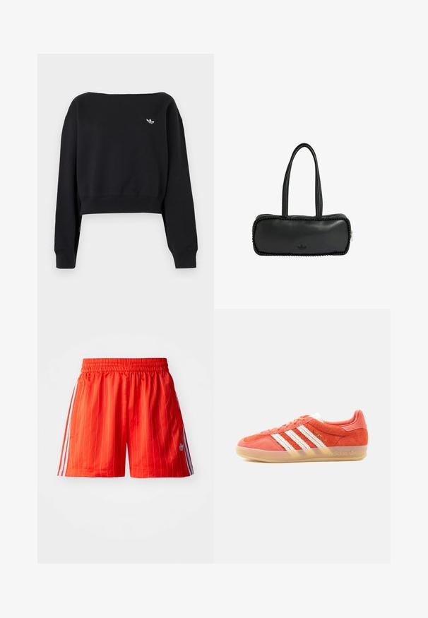 Čierna krátka mikina s dlhým rukávom, prúžkovanými manžetami a lemom, s malým bielym logom Adidas trefoil na ľavej hornej strane hrudníka.; Červené športové šortky s vertikálnymi bielymi pruhmi, elastickým pásom a svetlomodrými akcentmi po stranách. Obsahujú bočné vrecká.; Oranžová teniska Adidas Gazelle s bielymi pruhmi a gumovou podrážkou, bočný pohľad na svetlom jednofarebnom pozadí.; Čierna obdĺžniková kabelka s dlhými dvojitými rúčkami, ozdobou z korálikov pozdĺž okrajov a malým logom Adidas v strede dole.