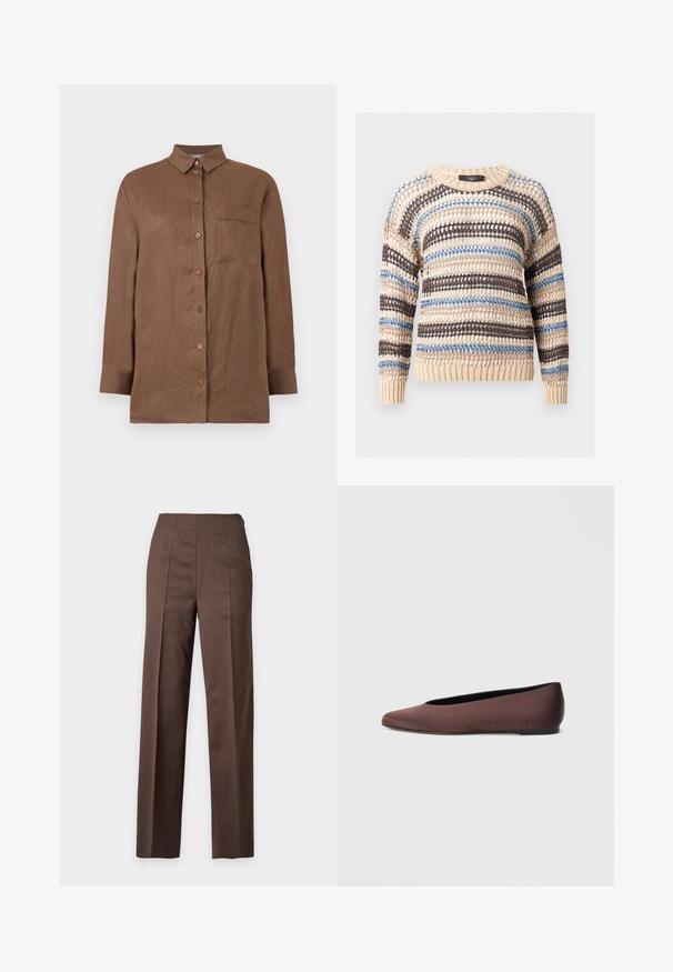 Pull beige en maille ouverte avec des rayures horizontales marron et bleues, manches longues, col rond et poignets et ourlet en côte.; Chemise marron à manches longues avec boutons, col et une poche poitrine unique, en tissu texturé.; Pantalon marron coupe droite avec plis à l'avant, taille haute et tissu lisse, présenté sur un fond clair.; Ballerines en tissu marron avec un bout pointu et une texture lisse, dotées d'un talon bas et d'une fine semelle noire. Aucune motif ni élément métallique visible.