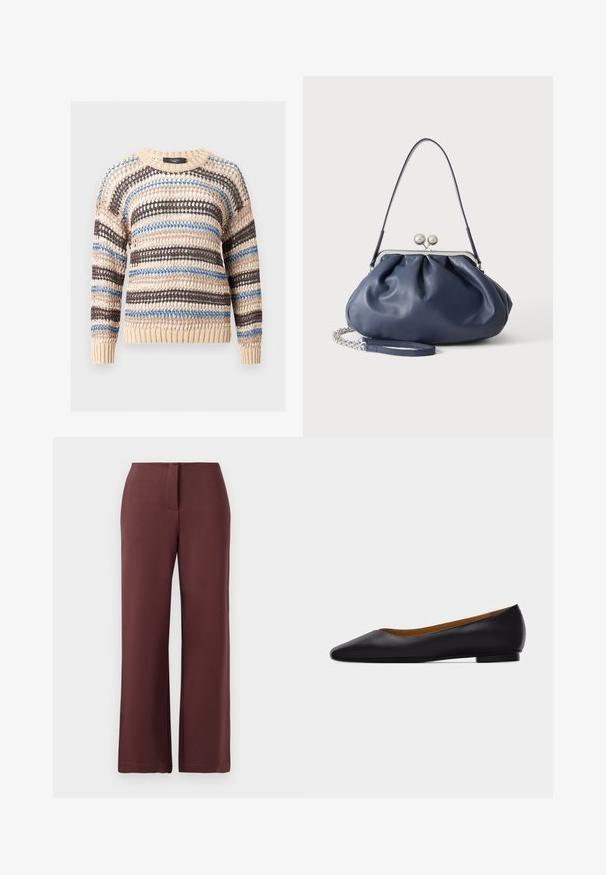 Pull beige en maille ouverte avec des rayures horizontales marron et bleues, manches longues, col rond et poignets et ourlet en côte.; Pantalons larges bourgogne en tissu lisse, dotés d'une fermeture éclair, d'un ajustement sur mesure et de lignes épurées pour un aspect structuré.; Chaussure plate en cuir noir à bout pointu avec talon bas et finition lisse, vue de côté sur un fond gris clair.; Sac à main en cuir bleu marine doux avec fermeture à boucle argentée, une seule bandoulière, et une chaîne de poignet amovible sur fond blanc.